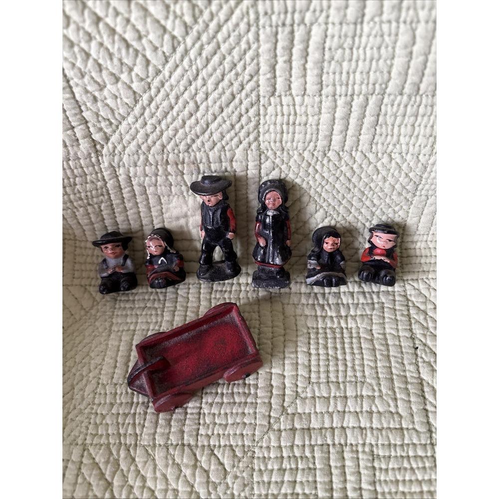 Vintage Wilton Miniature Cast Iron Amish Family Figurines Set of 6 w/wagon